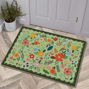 Floral cashmere-like doormat, anti-slip botanical rug for bathroom, cozy home floor decor.