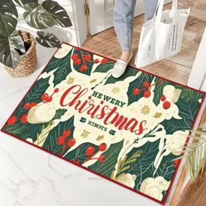 Christmas doormat detail view, festive red berries and green leaves pattern for entryway.