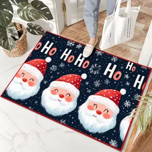 Christmas door mat detail view showcasing Santa face design and festive holiday atmosphere.