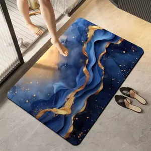 Alfombra de baño mármol azul y oro, felpudo antideslizante absorbente para hogar moderno.