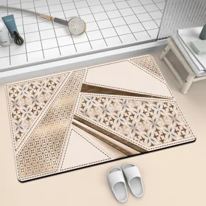 Detail shot of the minimalist geometric absorbent bathroom floor mat with leather and marble texture.