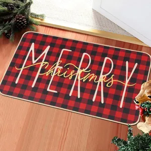 Tapis de sol à carreaux Noël avec inscription Merry Christmas, vue détaillée du paillasson.