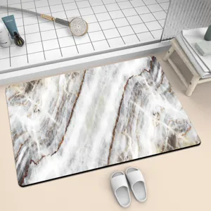 Close-up of elegant marble pattern absorbent diatomite bathroom floor mat in modern setting.