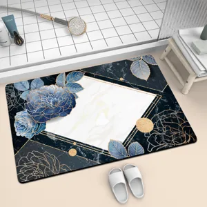 Non-slip diatomite bath mat with blue rose gold geometric pattern for modern bathroom floor.