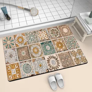 Absorbent diatomite bath mat with vintage tile pattern for bathroom floor non slip safety.
