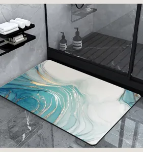 Detailed view of blue marble soft diatomaceous earth absorbent bathroom floor mat scene.