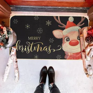 Paillasson de Noël avec renne mignon et lettrage doré pour une entrée festive et cosy.