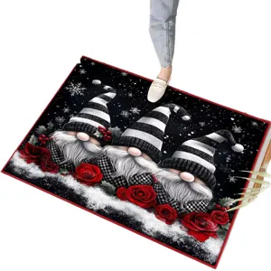 Christmas gnome doormat with red roses and black white stripes non-slip floor mat for home