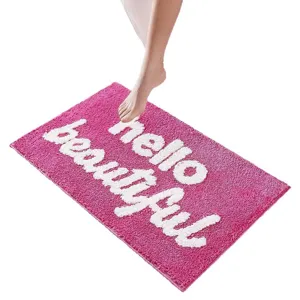 Rosa Badematte mit Text, flauschiger Anti-Rutsch Teppich für Badezimmer und Eingangsbereich.