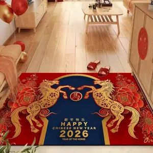 Detail view of the 2026 Chinese New Year horse doormat, featuring festive red and blue floral design.