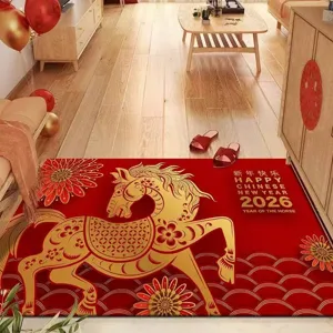 Red Chinese New Year floor mat with golden horse design for festive home entryway decor.