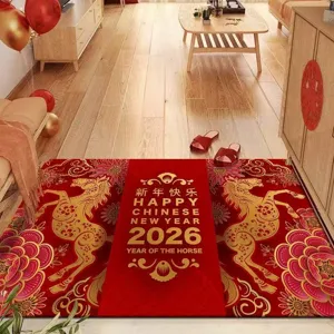 2026 Chinese New Year horse doormat festive red floor rug for entryway and home decor detail view