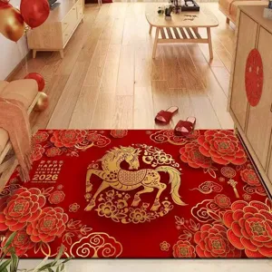 Detailed view of the 2026 Year of the Horse red doormat, featuring golden horse and floral patterns.