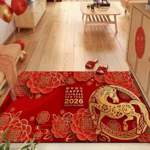 2026 Year of the Horse door mat, festive red non-slip entry rug for home hallway and bathroom.