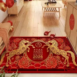 2026 Year of the Horse door mat, red entryway rug, non-slip festive floor carpet for home.