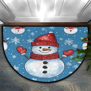 Detail view of the Christmas semi-circular doormat with cute snowman design, anti-slip mat.