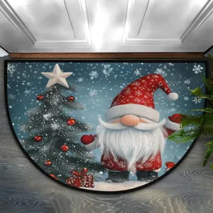 Half round Christmas doormat with gnome design, non-slip floor mat for holiday home decor entry.