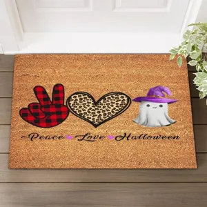 Alfombrilla de Halloween con fantasma lindo y corazón de leopardo, felpudo antideslizante.