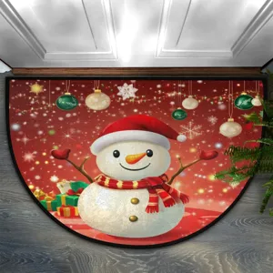Close-up view of the Christmas doormat showcasing festive snowman and holiday decor details.