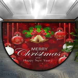 Christmas half-circle doormat detail, festive holiday red floor mat with decorative print.