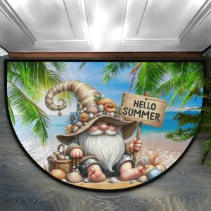 Summer beach gnome doormat detail view, cute hello summer pattern, non slip half circle mat