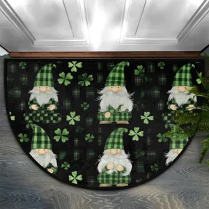 Close-up detail of the semi-circular doormat featuring green plaid gnomes and clover pattern.