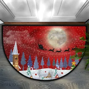 Semi-circular Christmas doormat with festive snow scene design, non-slip indoor floor mat.