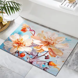 Detailed scene view of abstract 3D floral pattern bath mat on clean bathroom tile floor.