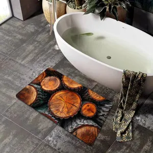 Vista dettaglio del tappeto da bagno venatura legno in scena bagno, antiscivolo realistico.
