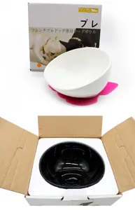 Ceramic pet food bowl with slanted ergonomic design, anti-slip mat, and secure packaging box for dogs.