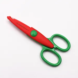 Detailed view of colorful craft lace scissors for clay and paper DIY, wavy edge design.