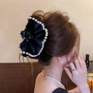 Französische Vintage Samt Künstliche Perle Haarklammer Damen Schwarz Große Haargreifer Elegant Retro Haarschmuck