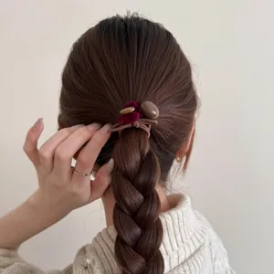 Joli élastique de queue de cheval tressé avec des éléments décoratifs marron et rouge élégants.