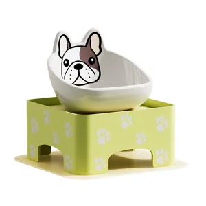 Keramische hondenbak met verhoogde groene stand, schattig Franse bulldog ontwerp voor huisdier