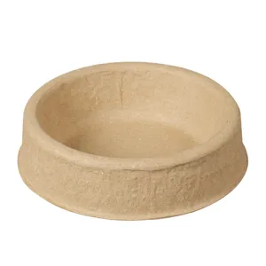 Disposable molded pulp pet bowl for cats and dogs, eco-friendly outdoor feeding bowl for rescue.