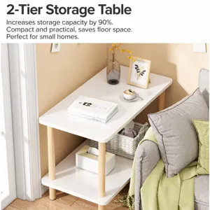 Minimalistischer kleiner Beistelltisch für Sofa und Schlafzimmer, weißes Design mit Holzbeinen.