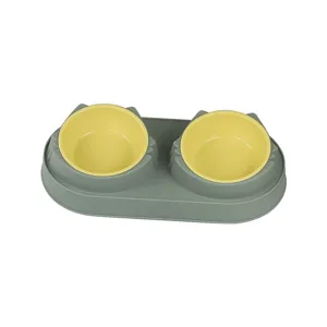 Double pet bowl with dual yellow bowls and green anti-overturn stand for cats and dogs feeding.