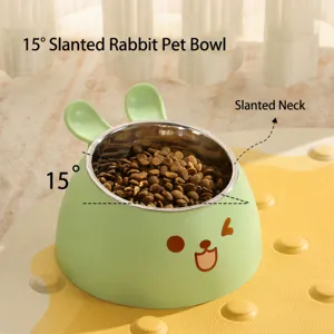 Cute rabbit pet bowl with 15 degree tilted stainless steel inner bowl for cats and dogs feeding.