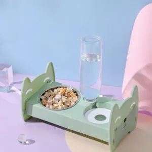Pet double bowl with automatic water dispenser, cat ear design food and water feeder set.