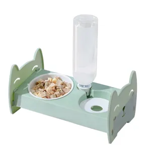 Cat double bowl automatic water feeder pet food bowl with bottle green cat ear stand