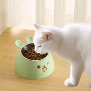Cute rabbit pet bowl with stainless steel inner container, ergonomic design for cats feeding.