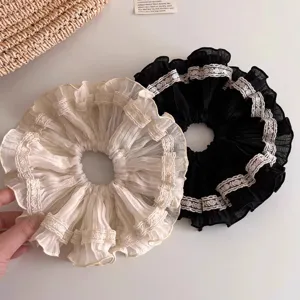 French vintage lace hair scrunchies cute ruffled hair ties for women and girls daily wear