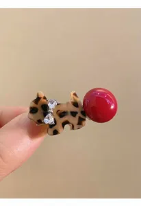 Koreaanse schattige luipaard puppy haarspeld met rode parel en kristallen strik.