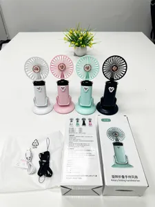 Vista dettagliata del mini ventilatore pieghevole portatile con cavo di ricarica e scatola.
