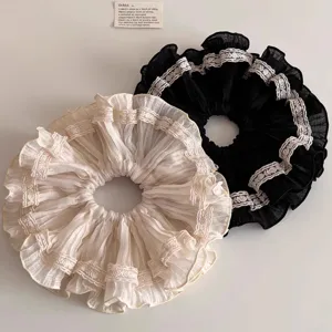 French lace large hair scrunchie pleated floral ruffle hair tie for women elegant ponytail