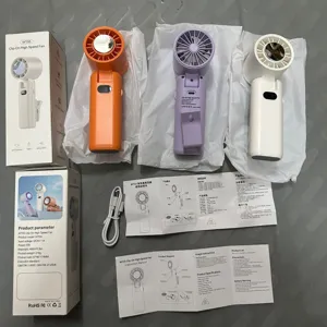 Details of portable clip-on mini desk fan with digital battery display and multiple color options.