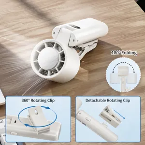 Portable mini clip fan with digital display, 180° fold and 360° rotation for outdoor use.