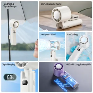 Portable clip-on desk fan with digital display, 100 speeds, and ice cooling for outdoor use.