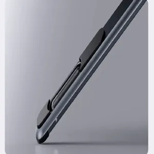 Magnetic laptop stand hinge detail, aluminum alloy desktop support bracket part.