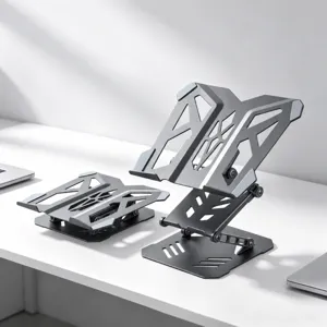 Foldable carbon steel laptop stand, 360° rotation, height adjustable desk mount for gaming.